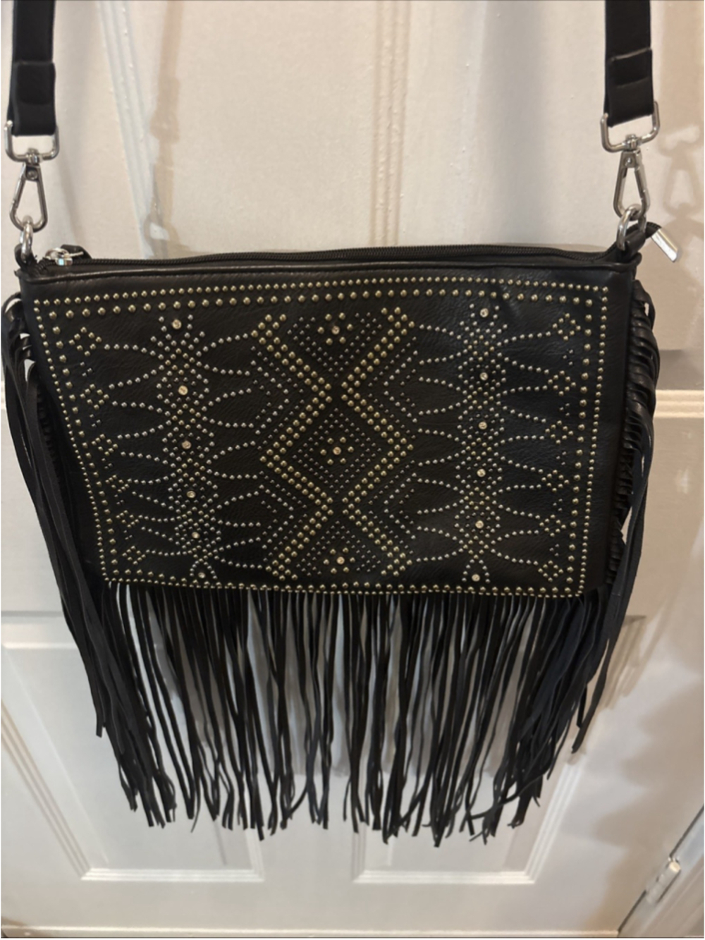Imoshion Crossbody Bag Fringe & Gold Studded Vegan Leather ~ Black (1082)